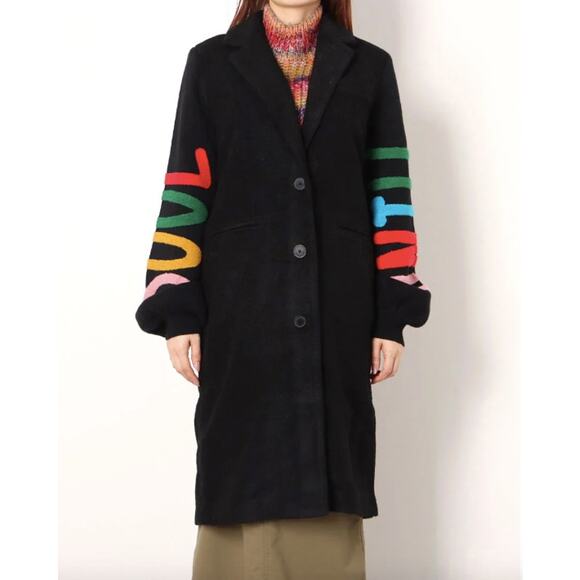 Desigual Estonia Coat Colorful Lettering Sleeves Wool Black Large - Picture 12 of 15